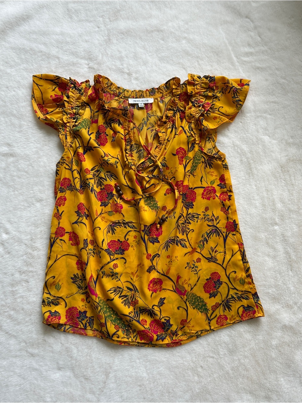 Rose & Olive Yellow Floral Ruffle Tie-Front Blouse
